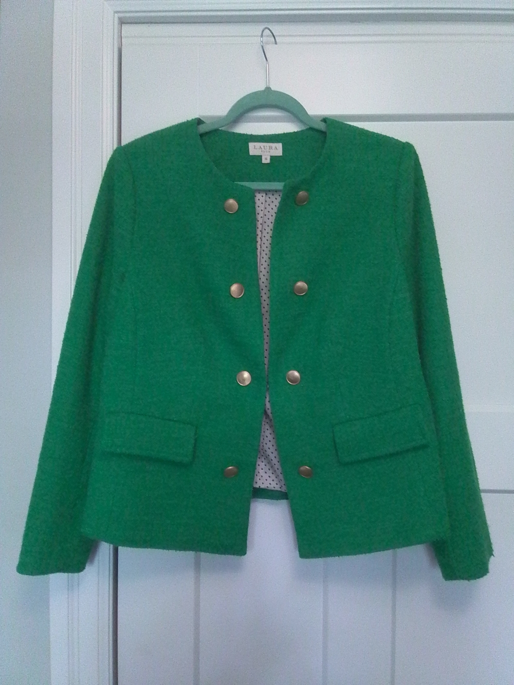 Size 16 Laura Plus Size Green Collarless Bouclé Blazer with Gold Buttons
